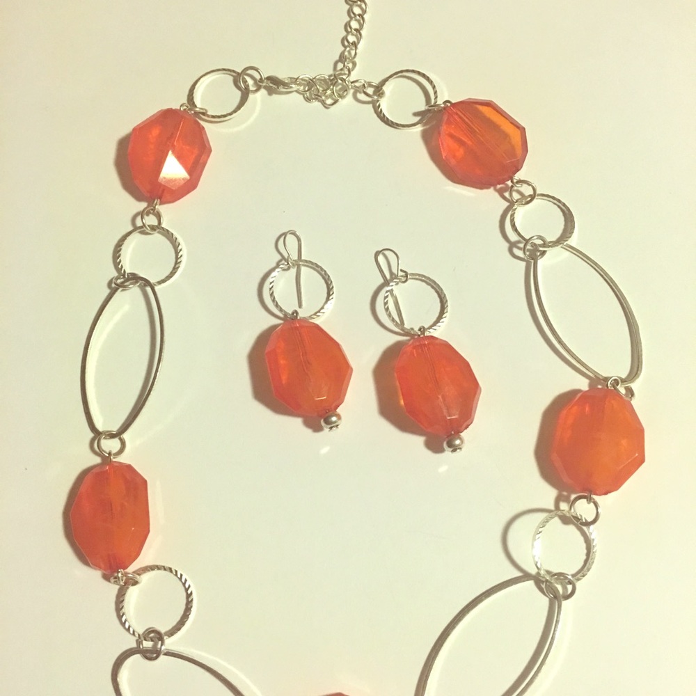 Orange & Silver Necklace & Earrings set